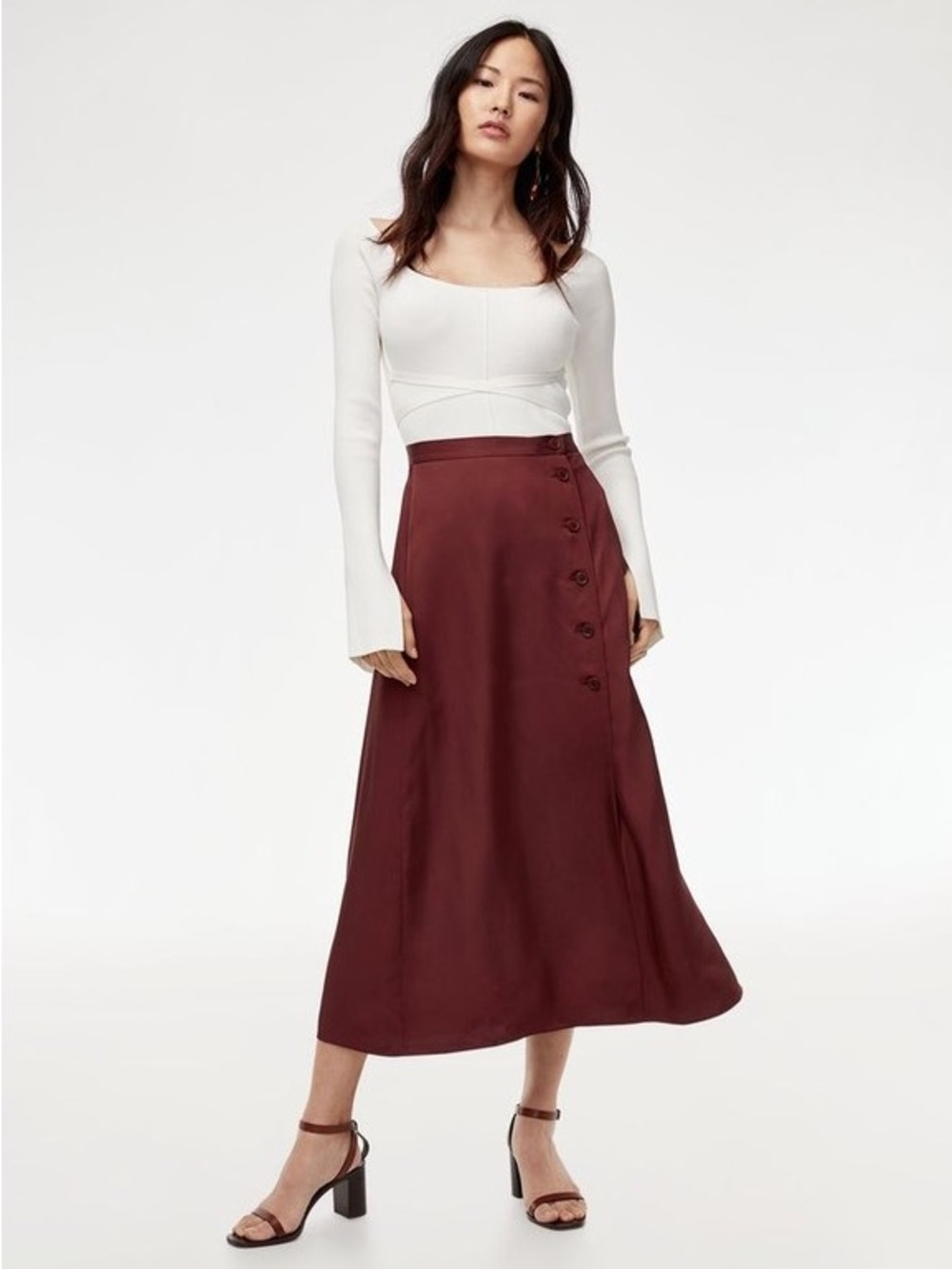 Wilfred High-Waist Button-Detail Midi Skirt in Burgundy